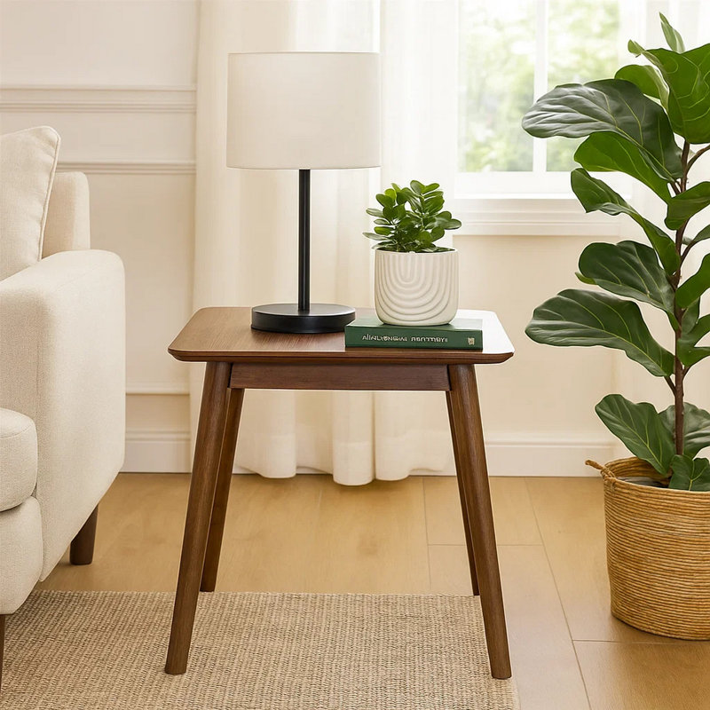 Fexy Side End Table, 24 Inch Square Top With Angled Legs, Walnut Brown