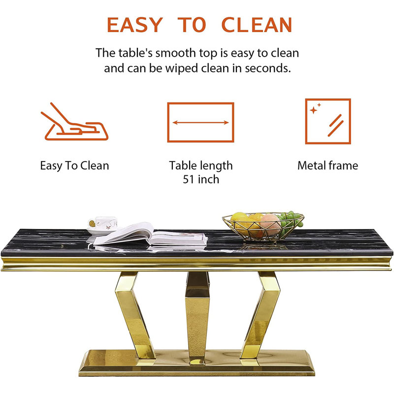 Liticia Coffee Table with Four Gold Geometric Mirror Bases and 48" Black Top