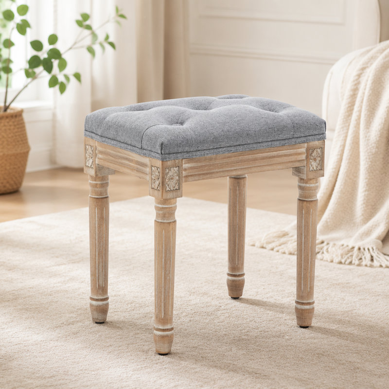 Tabouret de coiffeuse touffeté avec revêtement en lin et pieds sculptés en bois massif, banc d'habillage pour chambre à coucher, gris