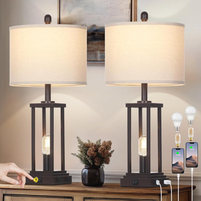 Farmhouse Table Lamps Set Of 2 With USB C+A Ports & AC Outlet, Industrial Rustic Bedside Lamps For Living Room And Bedroom, Dual Lighting With Night Light, Vintage Tall End Table Lamps