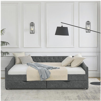 Lit de jour simple avec tiroirs, canapé-lit capitonné capitonné, avec bouton sur le dos et clou en cuivre sur les accoudoirs ondulés, gris (81,5 po x 4 po x 30,5 po)