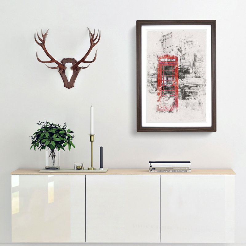 A Red Telephone Box - Framed Print, 33cm H x 24cm W x 2cm D, Walnut Framed