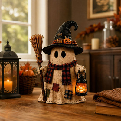 Halloween Decor Halloween Ghost Gnome Figurine With LightUp   Resin Ghost Statue With Witch Hat Plaid Scarf Fall  Spooky Tabletop Decor For Home Party