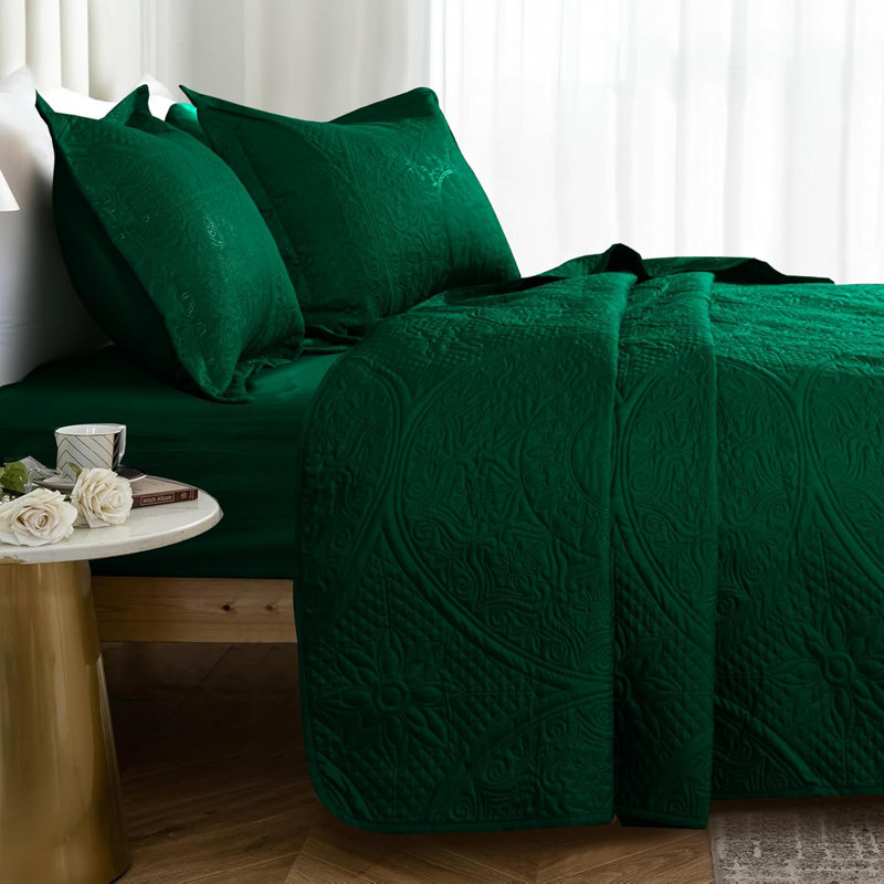 Lightweight Summer Bedspreads - 3 Piece Oversized Quilt Set - Reversible Coverlet Set - King Size, Emerald Floral