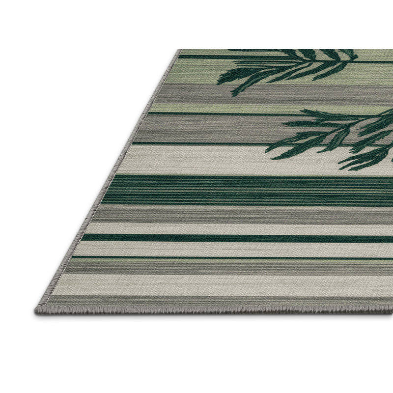 Washable Eucalyptus Light Gray Striped Area Rug, Square 8'