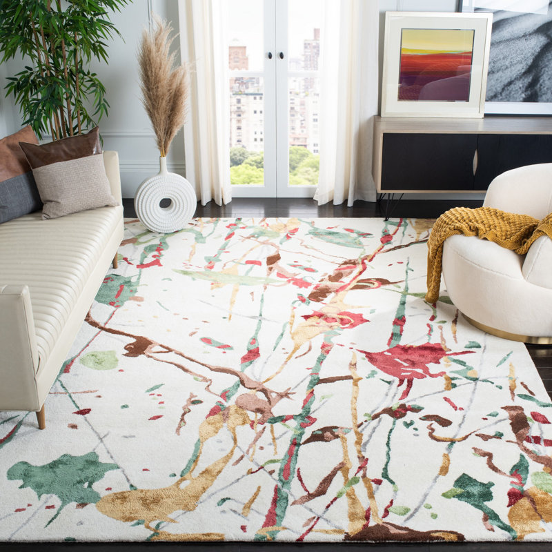 Tapis ivoire en laine / coton / viscose touffeté à la main Amier, Rectangle 3 pi 6 po x 5 pi 6 po