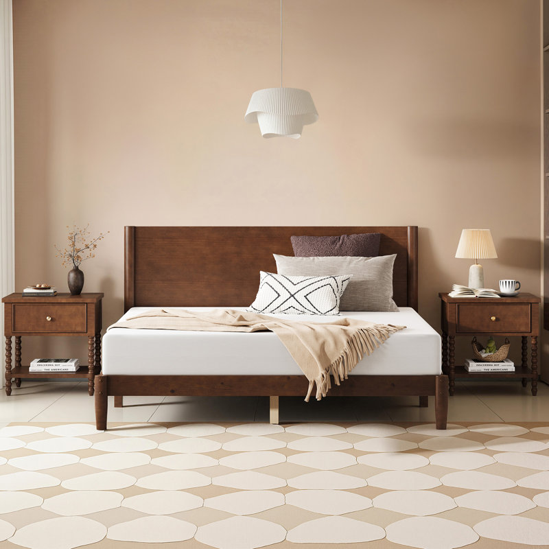 Structure de lit plateforme Mid Century en bois massif avec support en lattes de bois, noyer noir, Grand lit, Noir noyer