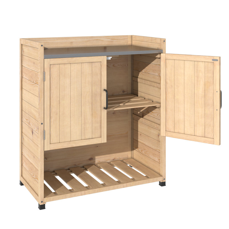 Outdoor Wooden Storage Cabinet With Adjustable Shelf, Natural Wood