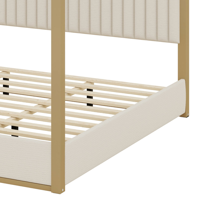 Modern Canopy Bed Featuring Upholstered Headboard and Platform Design, Beige