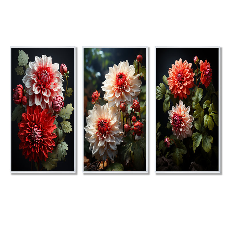 Ensemble de 3 décorations murales rouges et vertes Dahlia Bouquet Harmony I - Dahlia, Cadre flottant blanc, H 40 po x l 60 po