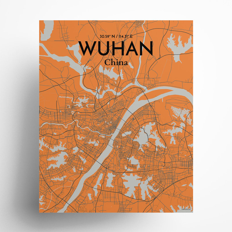 Carte de la ville de Whan, impression, H 20 po x l 16 po, Orange et gris