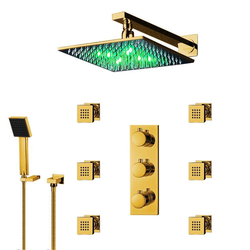 Trialo Solid Brass Color Changing LED Rain Shower Head with Adjustable Jets, 2" H x 8" W