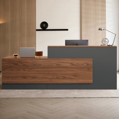 L-Shaped Reception Desk with Counter, Modern Front  Counter with Storage Cabinet, Open Shelves, Lockable Drawer and Keyboard Tray for Office, Lobby, Checkout