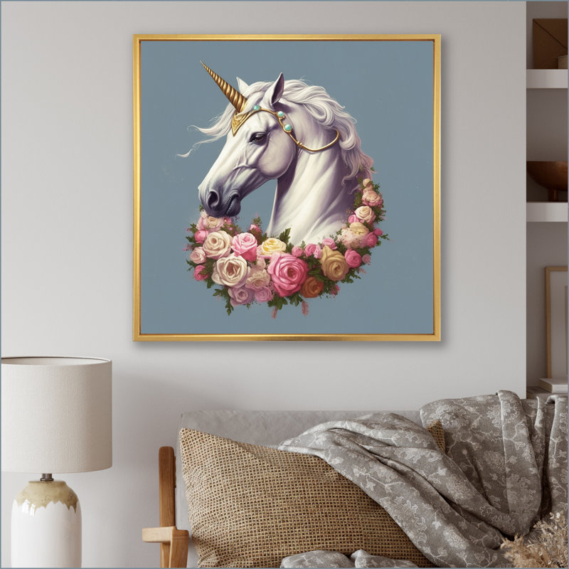 Licorne dans une couronne de fleurs - reproduction sur toile, Cadre flottant doré, H 24 po x l 24 po