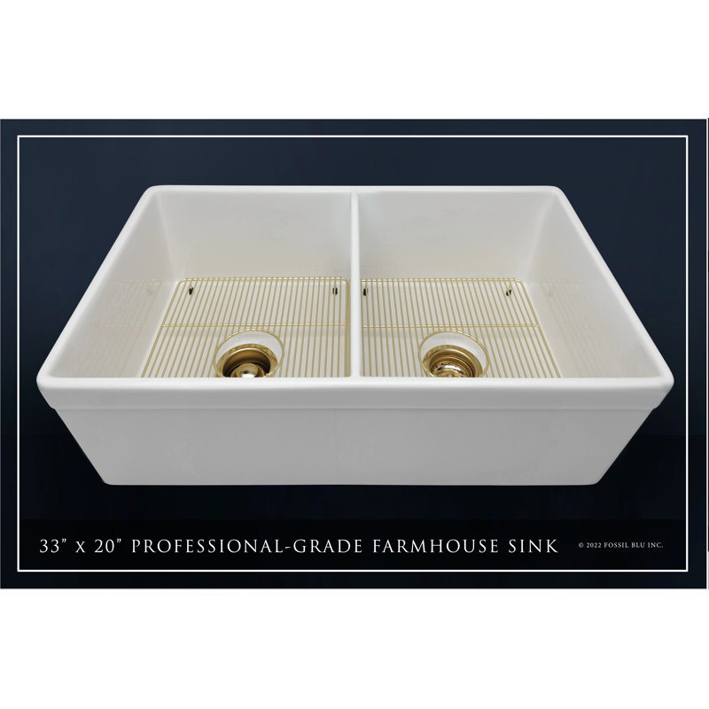 32.75" L x 19.88" W Double Basin Farmhouse Kitchen Sink with Accessories, Brushed Brass Accessories
