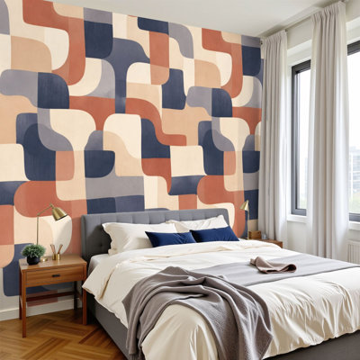 Papier peint adhésif à motif géométrique abstrait tons de terre bleu marine H 100 po x l 144 po, papier peint amovible en PVC, adhésif mural pour chambre à coucher, bureau à domicile
