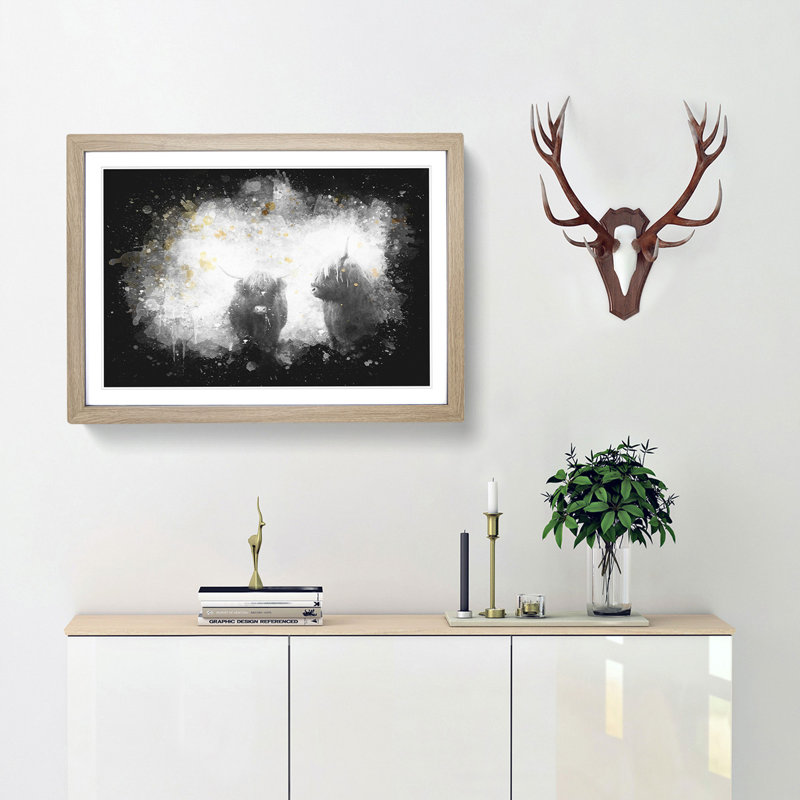 Two Highland Cows - Picture Frame Graphic Art Print, Oak Framed, 24cm H x 33cm W x 2cm D