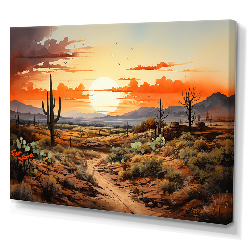 Silhouette orange, Cactus, lever de soleil - Cactus, art mural, Toile tendue, H 12 po x l 20 po x P 1 po