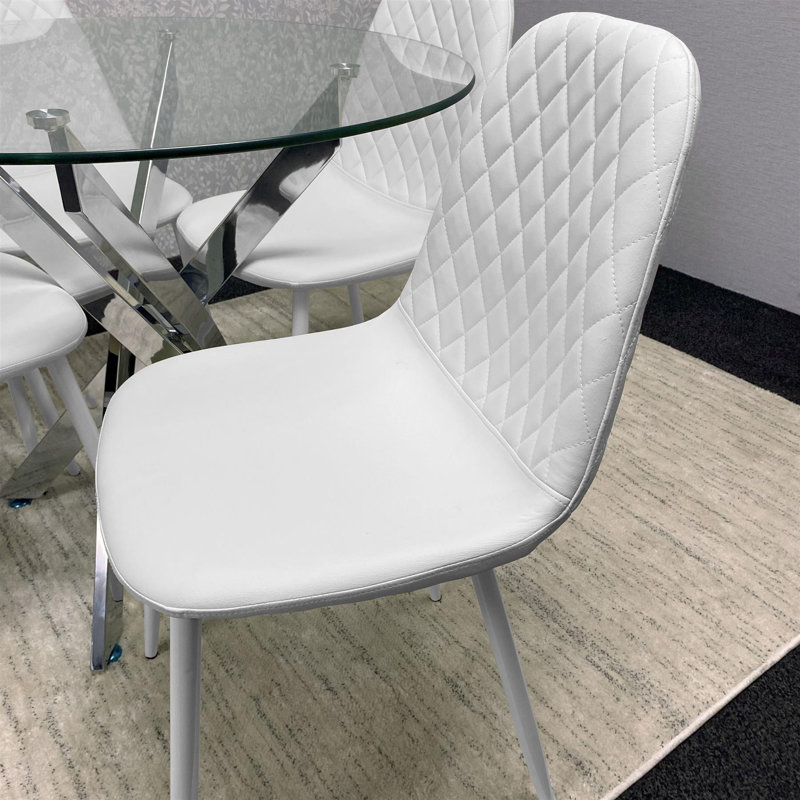 Maya Round Glass Dining Table with 4 Gem Chairs Chrome Finish, White