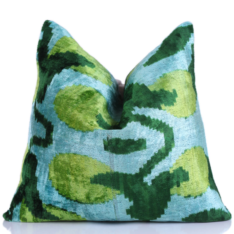 Coussin en velours vert et turquoise Ikat - 16 x 16 po | Soie de luxe faite à la main
