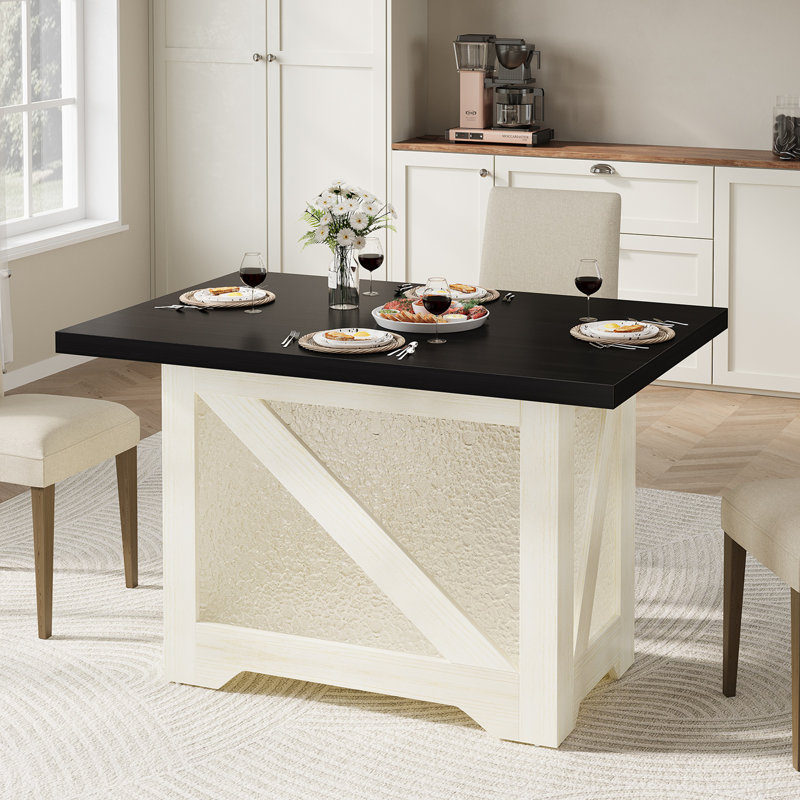 47 Inch Farmhouse Dining Table For 4, Rectangular, Translucent Acrylic X-Base, Thick 1.8" Top, Table Only, Black