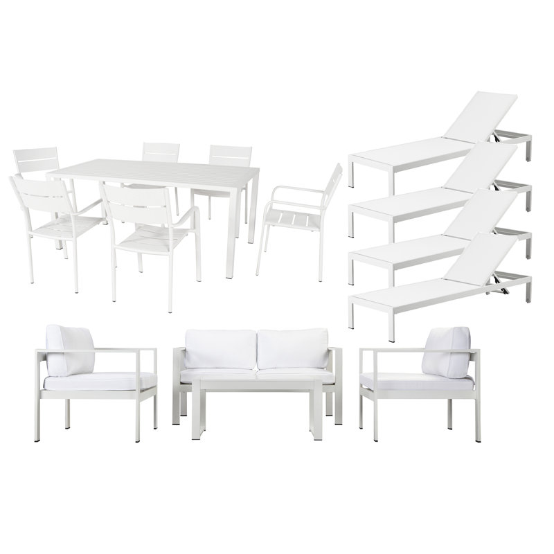 Karen 15-Piece Aluminum Outdoor Dining, Conversation & Lounge Set with Cushions – 6 Dining Chairs, Dining Table, 4 Chaise Loungers, Loveseat, Sofa Chairs & Coffee Table