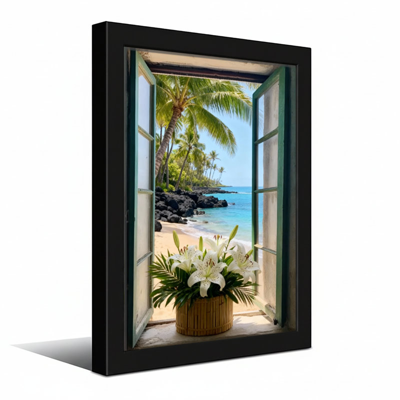 Paysage et nature Tropical Beach Palm Trees Ocean View Window Pot, Wrapped Canvas, Ne s’applique pas, H 24 po x l 16 po