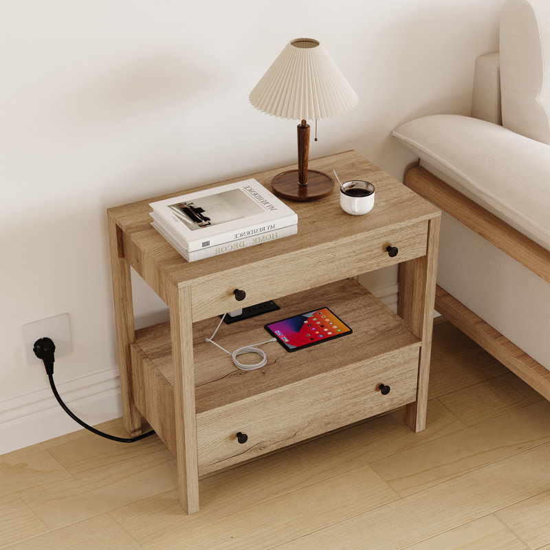 Table de chevet avec station de charge, table de bout en bois avec 2 tiroirs et tablette ouverte, table de chevet moderne avec ports USB et Type-C pour la chambre à coucher, le salon, le bois vieilli