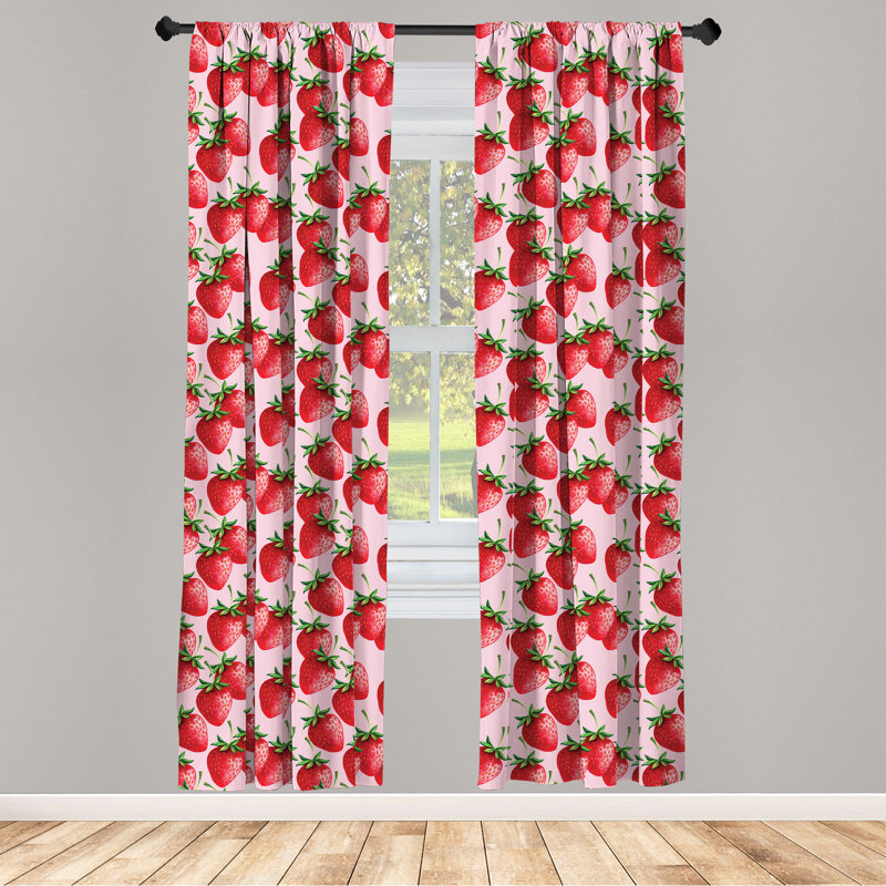 Strawberry Print White Polyester Rod Pocket Curtain Panels, 28" x 63"