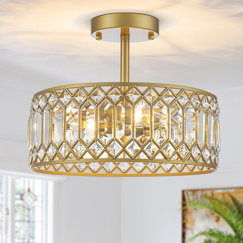 Luxury Crystal Drum Semi Flush Mount Light, Gold, 3 Lights