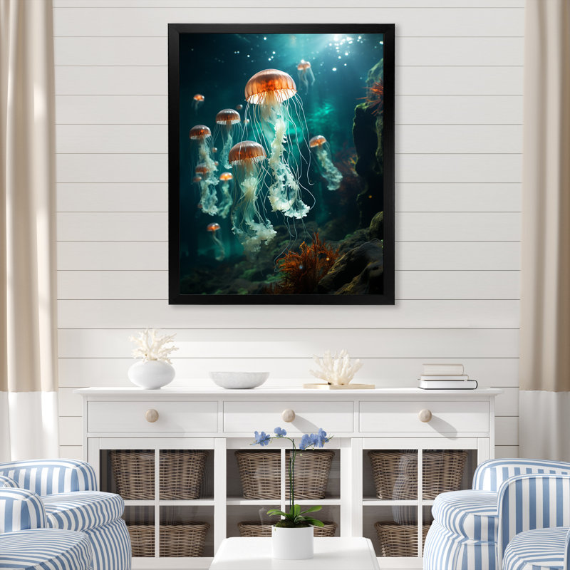 «Green Jellyfish Family» sur toile, H 44 po x l 34 po x P 1,5 po, Cadre photo noir