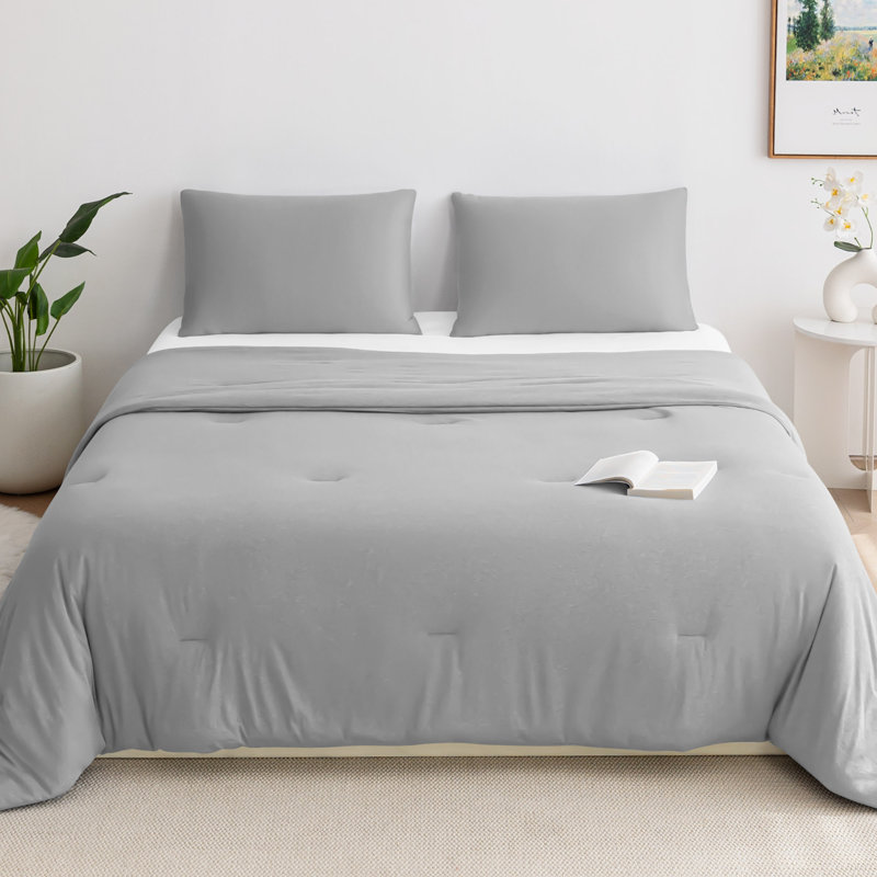 Ensemble d'édredon en tricot jersey ultra-doux toutes saisons avec taie d'oreiller, Lit simple, Silver Gray
