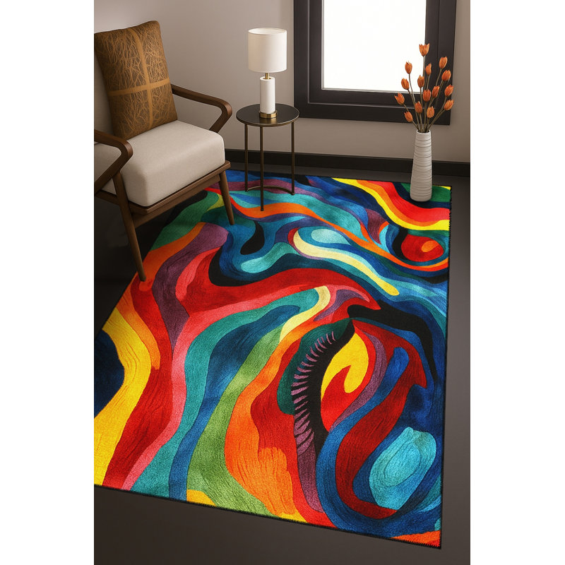 Tapis bleu tissé lavable rétro Mosso, 2 pi x 2 pi 11 po