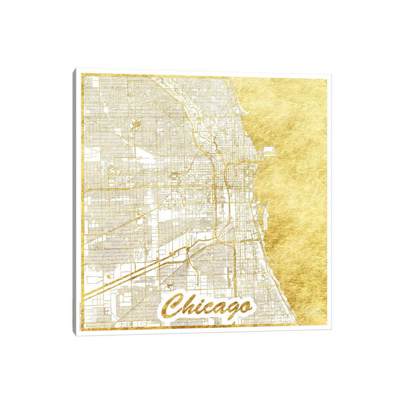 Chicago Gold Leaf Urban Blueprint Map by Hubert Roguski - Wrapped Canvas Print, 30.48 cm H x 30.48 cm W