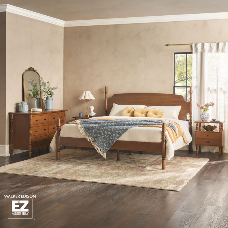 Solid Wood 4-Piece Spindle Vivienne Bed With Two Walker Edison Easy Assembly 2-Drawer Nightstands And A 6-Drawer Dresser