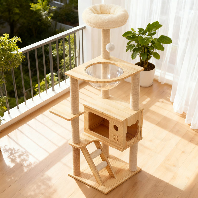 Arbre à chat en bois avec poteaux à griffer, perchoir supérieur, maisonnette pour chat et hamac
