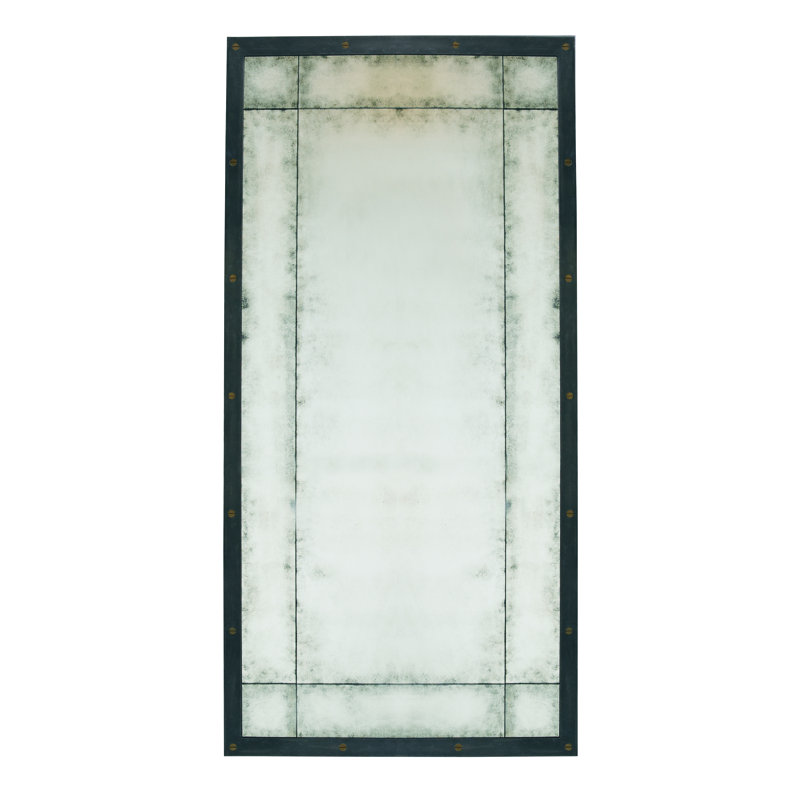 Aged Grey Rectangular Industrial Mirror with Brass Accents