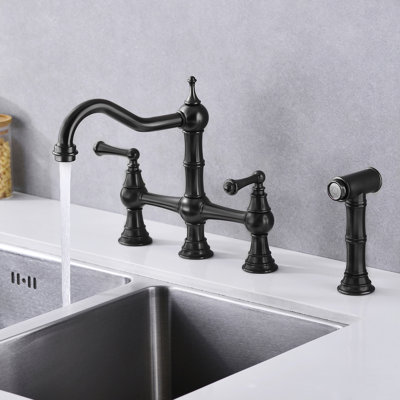 Bridge Style Kitchen Faucet With Dual Handles In Matte Black And Pull-Out Side Spray, 360 Turning High Spout, Rust, , Leak-, Brass Produced Two Degree Rotating Discharging Water, Rust-, , Leak-,