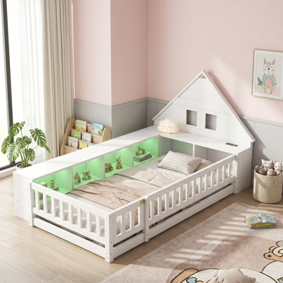 Twin House-Shaped Floor Bed with Shelves, LED Lights and Charging Station
