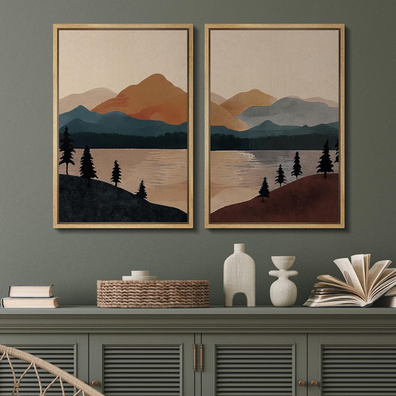 «Mid-Century Modern Brown Mountain Lake Landscape Decor», art mural, impression sur toile, 2 pièces, Encadré naturel