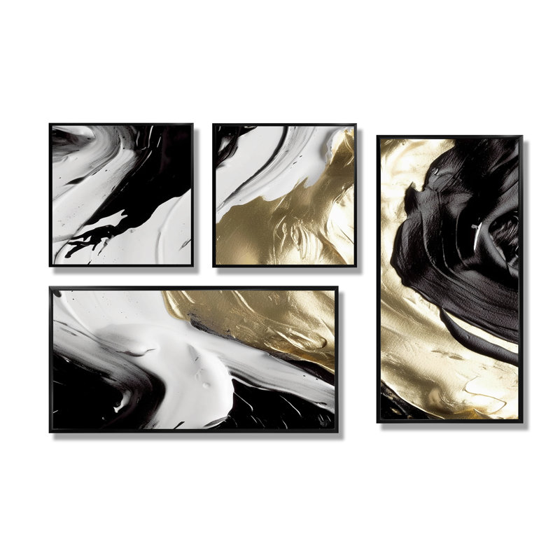 «Exquis Darling Abstract Wave On IV», art abstrait sur toile, 4 pièces, Impression encadrée sans passe-partout, Noir