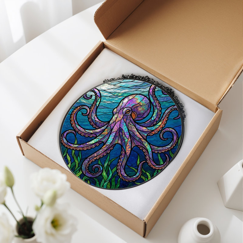 Vitrail de fenêtre en verre coloré 7,8 po H Octopus