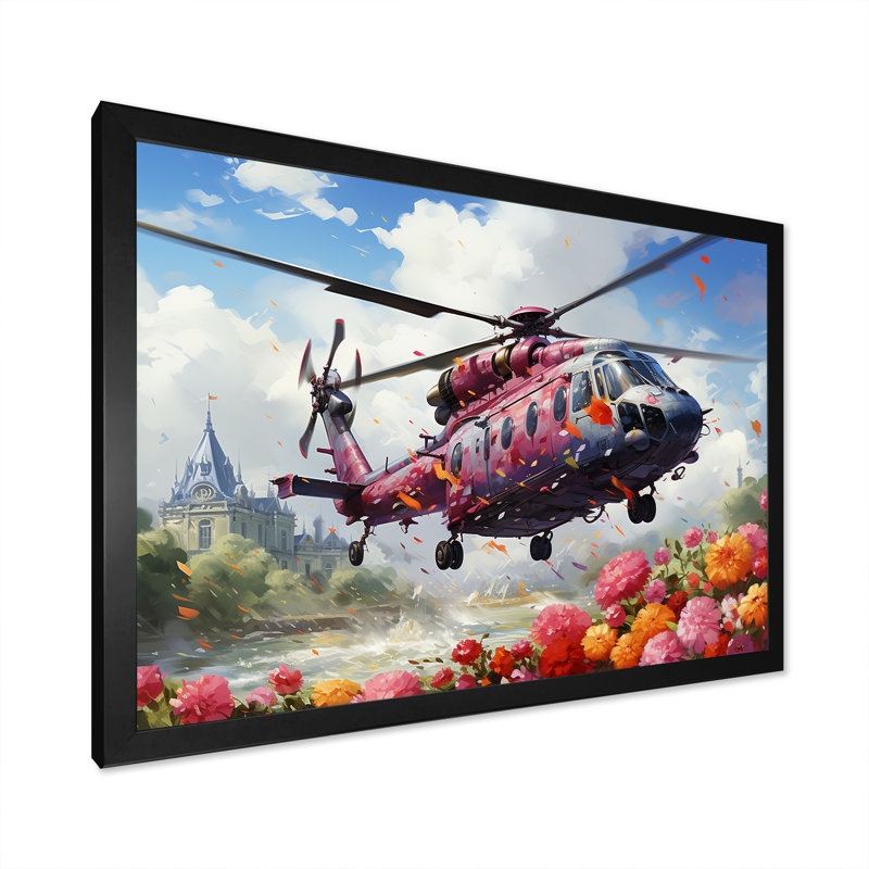 Hélicoptère, Sprintime, fleurs, horizon, Cadre d'angle fermé noir, H 16 po x l 32 po x P 1 po