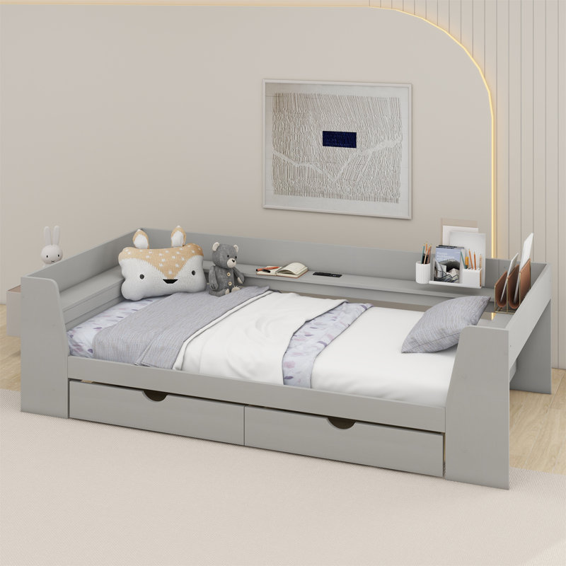 Lit simple en bois Aiham avec tablettes, tiroirs et station de charge intégrée, Gris
