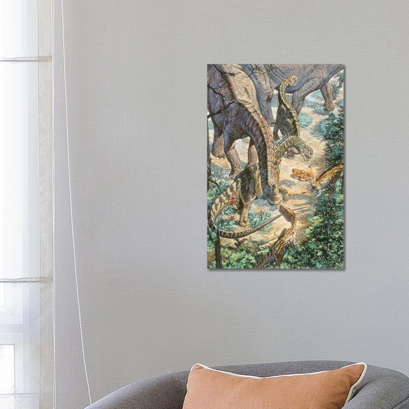 Jobaria Sauropods And Afroventor Raptors Of The Mid-Cretaceous Period by Mark Hallett - Wrapped Canvas Print