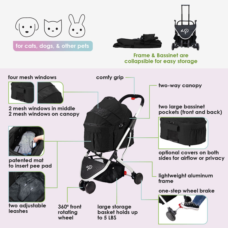 Midnight Black 3-in-1 Pet Stroller with Carrier and Car Seat