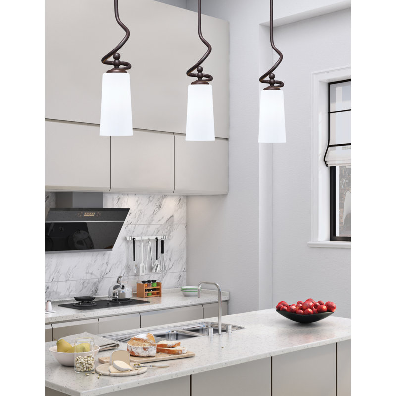 Suspension Sadea Stem Mini présentée en fini granit foncé avec verre opale blanc de 12,7 cm de largeur x 24,8 cm de hauteur