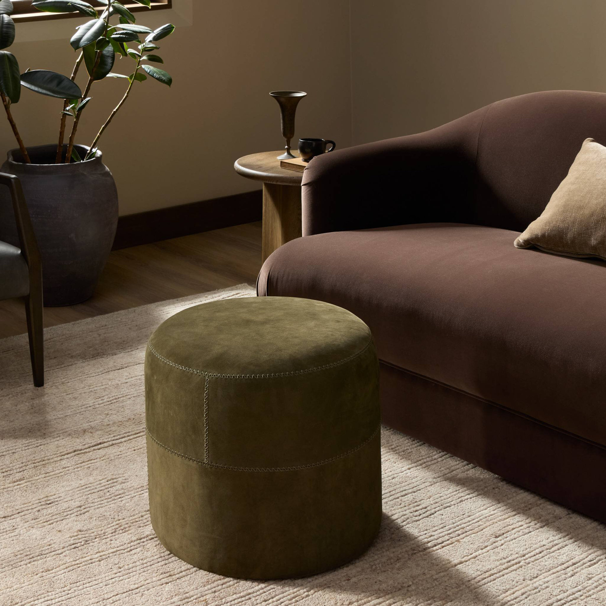 Camino Upholstered Ottoman, Nubuck Olive