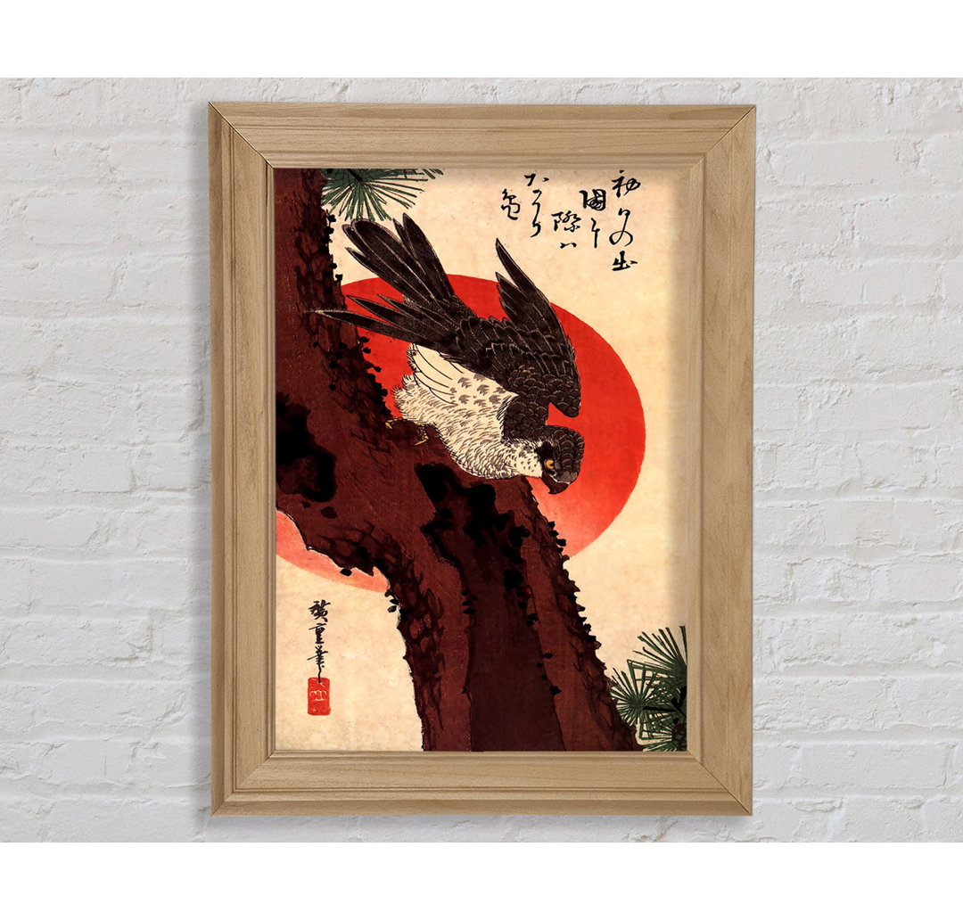 Hiroshige Falke auf einer Kiefer mit aufgehender Sonne - Druck