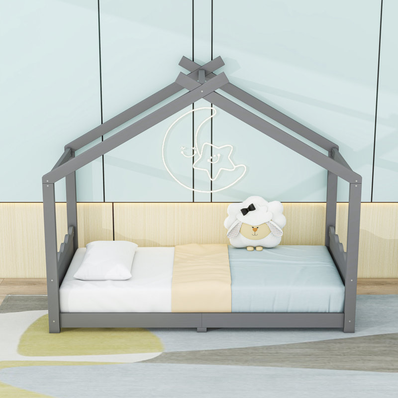 Wood House Floor Bed With Slats, Gray, Twin